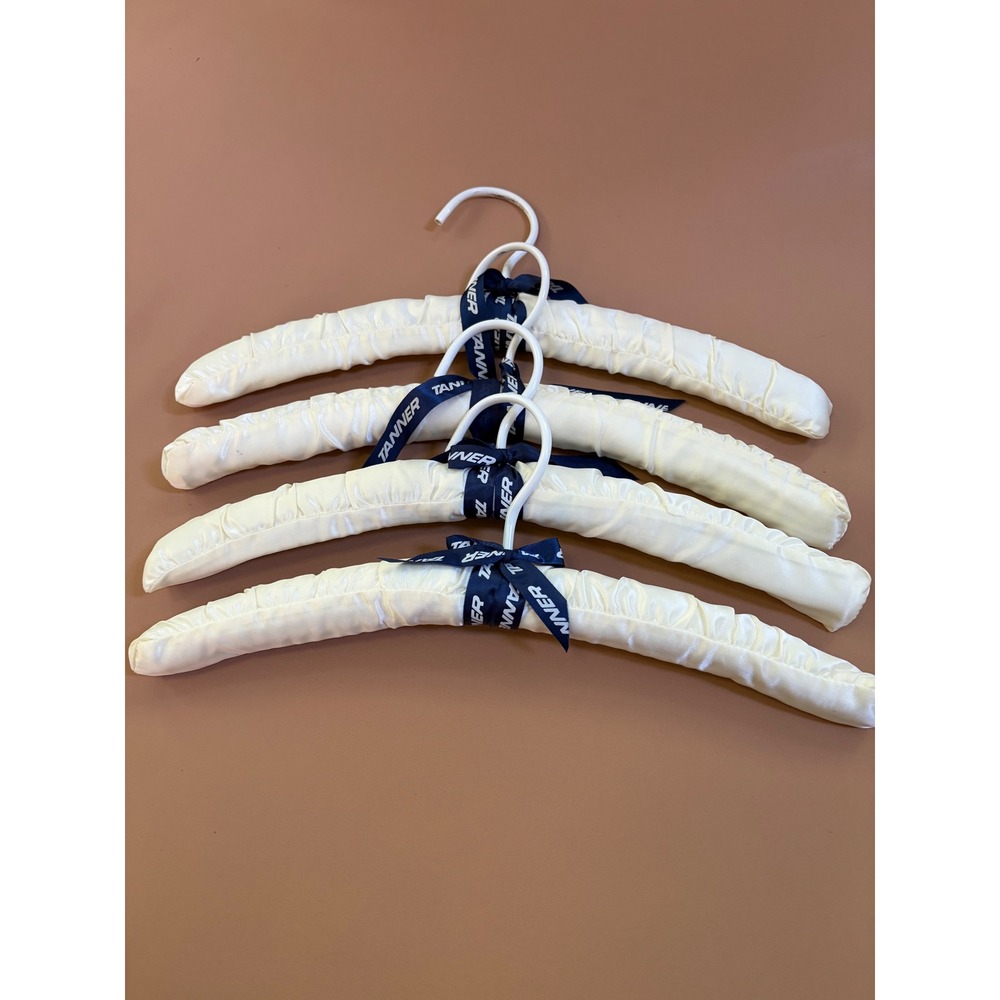 Tanner Cream Satin Padded Hangers Set of 4 Navy Blue Ribbon Bow Closet Storage